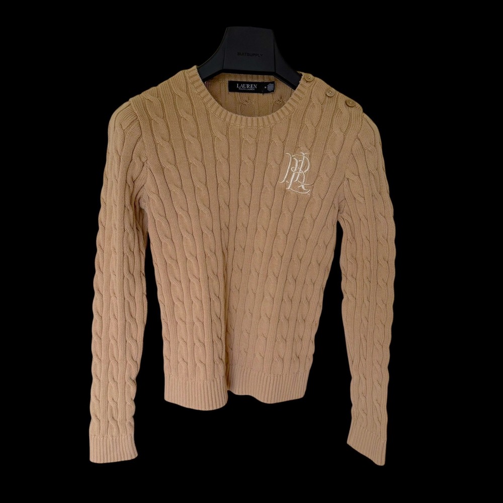Lauren Ralph Lauren Cable Knit Sweater Tan Camel Button Shoulder Crest Women M